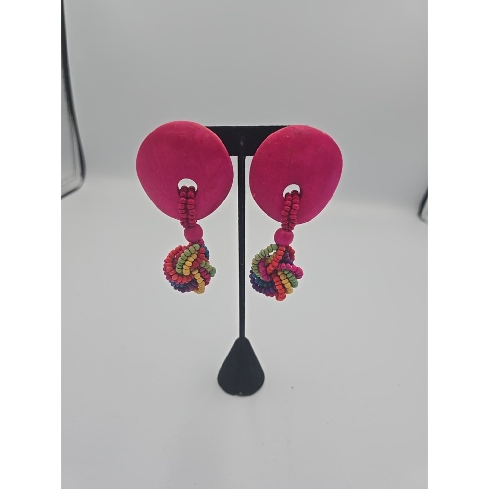 VTG 80s STATEMENT HOT PINK WOOD COLORBLOCK BIG DANGLE EARRINGS Pierced BOLD